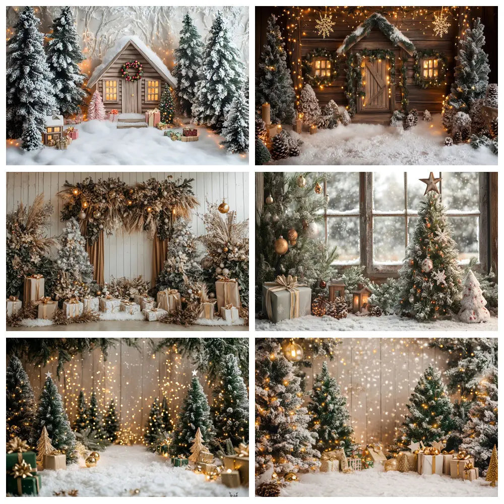 Premium Christmas Wall Art – Winter Cabin & Snowy Trees Holiday Background