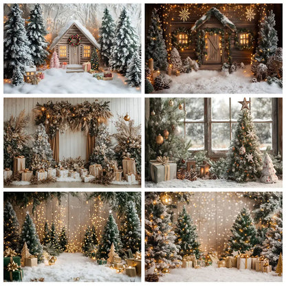 Premium Christmas Wall Art – Winter Cabin & Snowy Trees Holiday Background