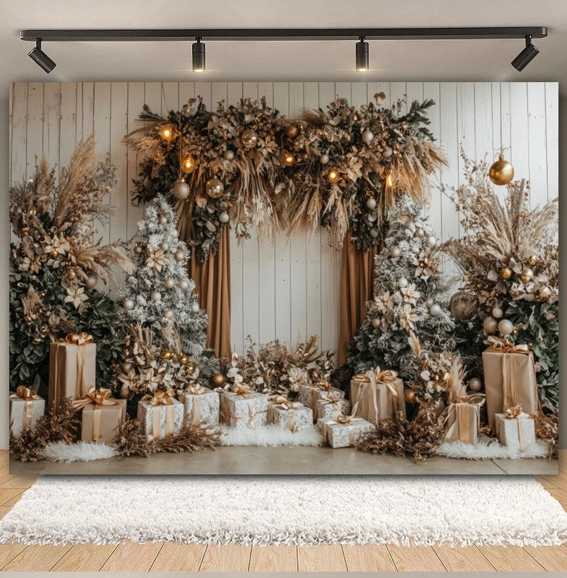 Premium Christmas Wall Art – Winter Cabin & Snowy Trees Holiday Background