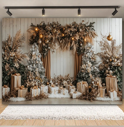 Premium Christmas Wall Art – Winter Cabin & Snowy Trees Holiday Background