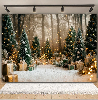 Premium Christmas Wall Art – Winter Cabin & Snowy Trees Holiday Background